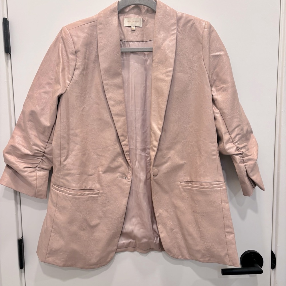 Skies Are Blue One-Button Pink Faux Leather Blazer with Side Zipper Skort